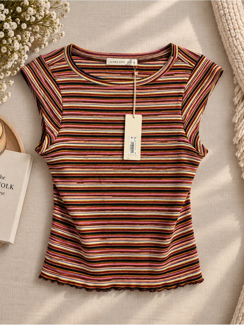 NWT Altar'd State Striped Cap-Sleeve Ribbed Top in Multi-Color